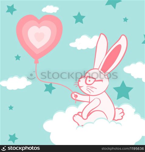 Happy Valentine's Day with cute bunny and balloon, Valentines Day background with rabbit on cloud, Valentine card and poster