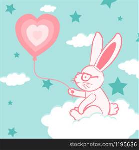 Happy Valentine's Day with cute bunny and balloon, Valentines Day background with rabbit on cloud, Valentine card and poster