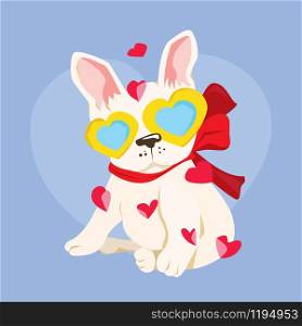 Happy Valentine's Day with cute french bulldog in heart glasses, Valentines Day background with puppy bulldog, Valentine card and poster