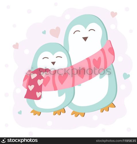 Happy Valentine's Day with cute penguin couple hugging, Valentines Day background, Valentine card and poster