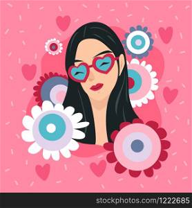 Happy Valentine's Day with girl in heart glasses and blooming spring flowers, Valentines card and poster