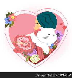 Happy Valentine's Day with hug girl and cat, Valentines Day background girl and animal friendship, Valentine card and poster