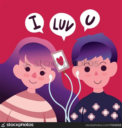 Happy Valentine's Day with love couple listening music through earphone, Valentines Day background couple in a relationship, Valentine card and poster