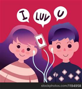 Happy Valentine's Day with love couple listening music through earphone, Valentines Day background couple in a relationship, Valentine card and poster