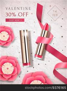 Happy Valentine’s sale poster with paper flower and golden lipstick on marble stone background in 3d illustration. Happy Valentine’s sale poster