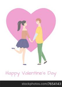 Happy Valentines day and dating teenagers, girl in skirt standing on one leg, boy in yellow sweater and trousers isolated people. Vector cartoon students. Happy Valentines Day Dating Teenage Girl and Boy