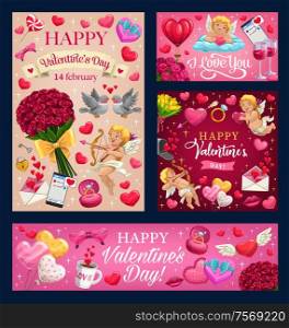 Happy Valentines day and I love you greeting wish in with heart balloons and pink roses. Vector Valentine cupid angel with golden harp and arrows, kiss lips and heart on wings with love message. Valentines day love heart ballons, cupids, roses