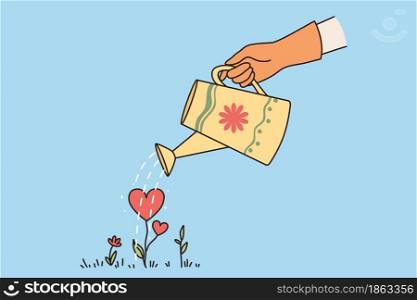 Happy Valentines day and love concept. Human hands Watering growing red heart shaped plant on ground taking care and love vector illustration . Happy Valentines day and love concept
