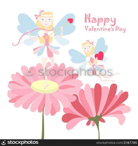 Happy valentines Day banner. Magic flying fairies on pink flower cartoons flat design
