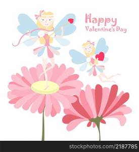 Happy valentines Day banner. Magic flying fairies on pink flower cartoons flat design