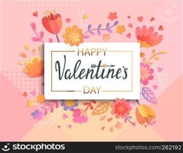 Happy Valentines day banner template with gold square frame on geometric background with floral ornament. Greeting posters, brochure,cards, invitation. Vector illustration.. Happy Valentines day banner template.