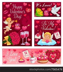 Happy Valentines day calligraphy wishes, I love you and Be my Valentine. Vector cupid angel in cloud with heart and arrow, 14 February pink roses, lip kiss and wine, wedding cake and ring. Be my Valentine, happy love and hearts day