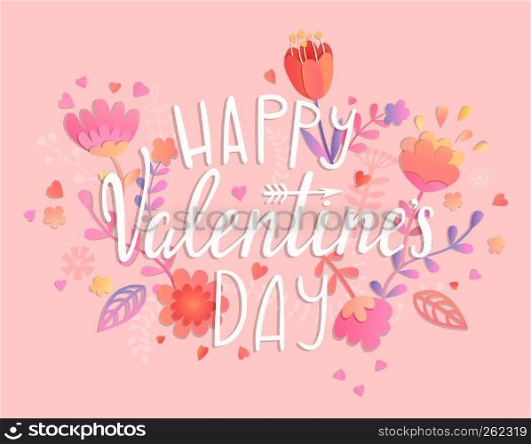 Happy Valentines day card on pink background with floral ornament. Greeting posters, brochure, banners, invitation. Vector illustration.. Happy Valentines day card.