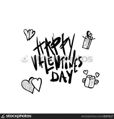 Happy Valentines Day card template. Handwritten lettering with decoration in doodle style isolated on white background. Vector illustration.