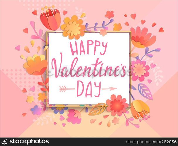 Happy Valentines day card template with square frame on geometric background with floral ornament. Greeting posters, brochure, banners, invitation. Vector illustration.. Happy Valentines day card template.