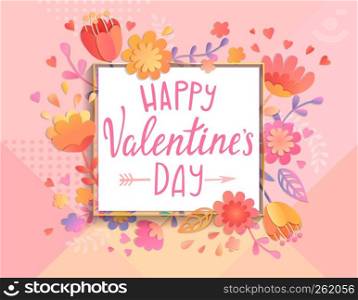 Happy Valentines day card template with square frame on geometric background with floral ornament. Greeting posters, brochure, banners, invitation. Vector illustration.. Happy Valentines day card template.