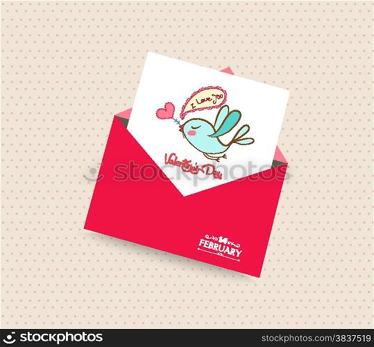 happy valentines day card with envelope bird