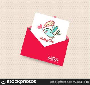 happy valentines day card with envelope bird