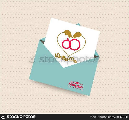 happy valentines day card with envelope heart and rings