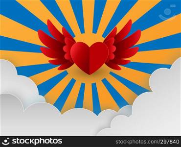 Happy Valentines day card with red hearts flying in sky over sun and clouds, paper cut style, Vector illustration.