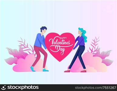 Happy Valentines day cards template with couple and people in love isolated in heart on a colorful abstract background, typography poster elements, festive composition design, vector illustration. Happy Valentines day cards template with couple and people in love isolated in heart on a colorful abstract background, typography poster elements