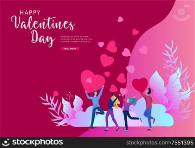 Happy Valentines day cards template with couple and people in love isolated in heart on a colorful abstract background, typography poster elements, festive composition design, vector illustration. Happy Valentines day cards template with couple and people in love isolated in heart on a colorful abstract background, typography poster elements