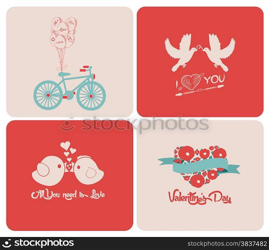 Happy valentines day cards with ornaments, hearts, ribbon, arrow, and typewriter
