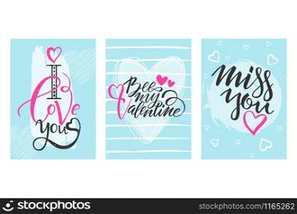 Happy Valentines Day celebration greeting card set. Unique brushpen lettering. Vector illustration with isolated elements