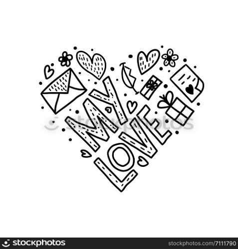 Happy Valentines Day concept. Heat badge with My Love lettering and love symbols. Vector illustration.