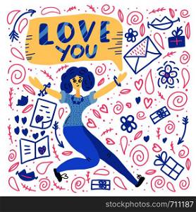 Happy Valentines Day concept. Poster concept. Lettering Love You with symbols of love and girl character. Vector color illustration.