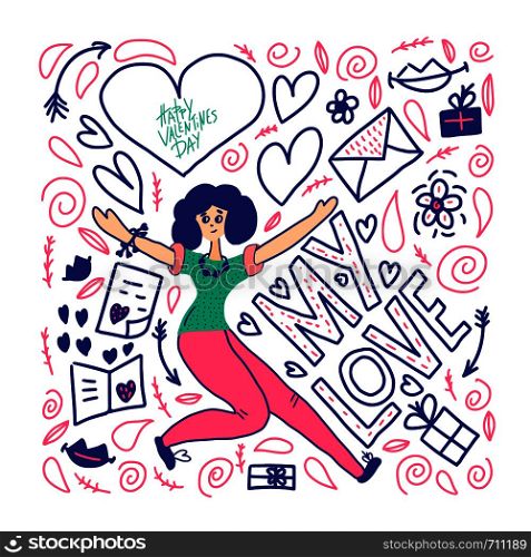 Happy Valentines Day concept. Poster concept with girl, lettering, symbols of love. Vector color illustration.