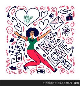 Happy Valentines Day concept. Poster concept with girl, lettering, symbols of love. Vector color illustration.