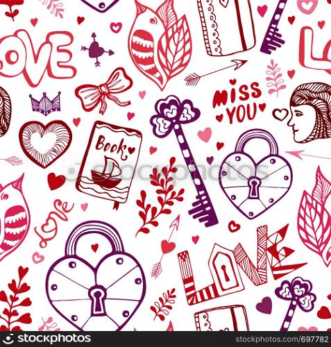 Happy Valentines day. Cute doodle pattern with hearts, lettering and other vector elements for invitations, scrapbooks, cards, posters. Seamless creative background.. Happy Valentines day. Cute doodle pattern with hearts, lettering and other vector elements for invitations, scrapbooks, cards, posters. Seamless creative background