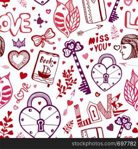 Happy Valentines day. Cute doodle pattern with hearts, lettering and other vector elements for invitations, scrapbooks, cards, posters. Seamless creative background.. Happy Valentines day. Cute doodle pattern with hearts, lettering and other vector elements for invitations, scrapbooks, cards, posters. Seamless creative background
