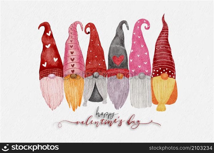 Happy Valentines day Cute set character gnomes with red and pink hat,Vector illustration isolated watercolour paint of St.Valentine leprechaun on white paper background,Cartoon Scandinavian Dwarf