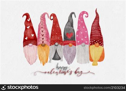 Happy Valentines day Cute set character gnomes with red and pink hat,Vector illustration isolated watercolour paint of St.Valentine leprechaun on white paper background,Cartoon Scandinavian Dwarf