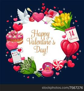 Happy Valentines day floral frame of hearts, roses and tulip flowers and sparkling cupid arrows. Vector Valentines holiday love message in smartphone, envelope and hot air ballon heart, dove bird. Valentines day greeting, hearts banner