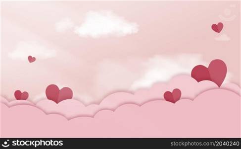 Happy valentines day greeting background in papercut style with fluffy clouds and red heart flying, Pink banner backdrop party invitation template with copy space words text