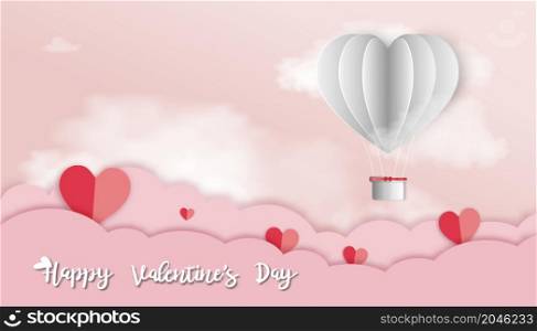 Happy valentines day greeting background in papercut style with fluffy clouds, red heart and hot air balloons heart flying, Pink banner backdrop party invitation template with copy space words text