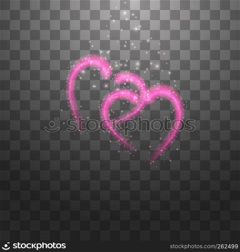 Happy Valentines Day greeting card. I Love You. 14 February. Holiday background with two pink hearts, light, stars on transparent background. Vector Illustration.. Happy Valentines Day greeting card. I Love You. 14 February. Holiday background with two pink hearts, light, stars on transparent background. Vector Illustration
