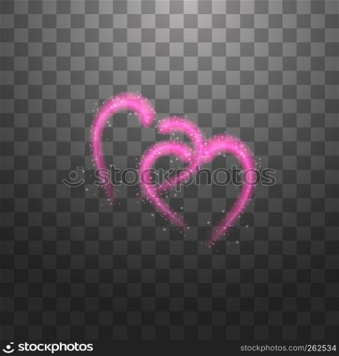 Happy Valentines Day greeting card. I Love You. 14 February. Holiday background with two pink hearts, light, stars on transparent background. Vector Illustration.. Happy Valentines Day greeting card. I Love You. 14 February. Holiday background with two pink hearts, light, stars on transparent background. Vector Illustration