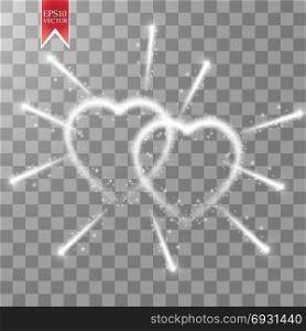 Happy Valentines Day greeting card. I Love You. 14 February. Holiday background with two hearts with luminous fireworks , light, stars on transparent background. Vector Illustration. Happy Valentines Day greeting card. I Love You. 14 February. Holiday background with two hearts with luminous fireworks, light, stars on transparent background. Vector Illustration. eps 10