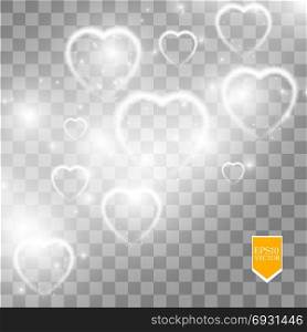 Happy Valentines Day greeting card. I Love You. 14 February. Holiday background with falling hearts with arrow, light, stars on transparent background. Vector Illustration. Happy Valentines Day greeting card. I Love You. 14 February. Holiday background with falling hearts with arrow, light, stars on transparent background. Vector Illustration. eps 10
