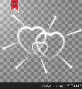 Happy Valentines Day greeting card. I Love You. 14 February. Holiday background with three hearts with luminous fireworks , light, stars on transparent background. Vector Illustration. Happy Valentines Day greeting card. I Love You. 14 February. Holiday background with three hearts with luminous fireworks, light, stars on transparent background. Vector Illustration. eps 10