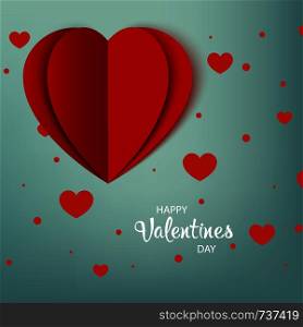 Happy Valentines Day. Greeting Card. Red paper Heart with shadow on background with hearts