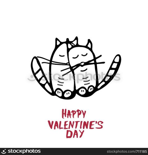 Happy Valentines Day greeting card template. Handwritten lettering with cats. Vector illustration.