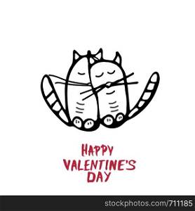 Happy Valentines Day greeting card template. Handwritten lettering with cats. Vector illustration.
