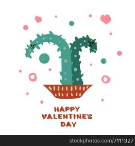 Happy Valentines Day greeting card template. Handwritten lettering with cute cactuses. Vector illustration.