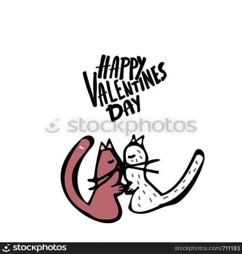 Happy Valentines Day greeting card template. Handwritten lettering with kiss cats. Vector illustration.