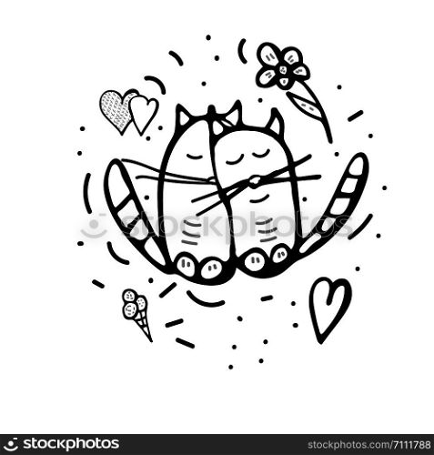 Happy Valentines Day greeting card template with cute hug cats. Vector illustration.